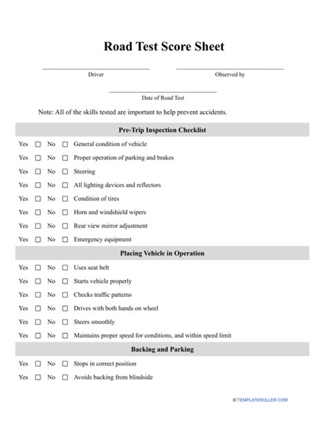 nj road test score sheet